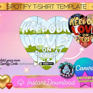 Könnte beinhalten: Ein rosa Hintergrund mit einem herzförmigen Design mit dem Text "Keep Our Love On Repeat". Das Herz ist in Abschnitte mit einem grün-blauen Farbschema unterteilt. Der Text "Keep Our Love On Repeat" wird auch in einem separaten herzförmigen Design mit einer Collage von Bildern angezeigt. Der Text "Add your own Spotify Code" wird unterhalb des herzförmigen Designs angezeigt. Der Text "Instant Download" wird unterhalb des herzförmigen Designs angezeigt. Der Text "Canva Editable Template" wird unterhalb des herzförmigen Designs angezeigt.