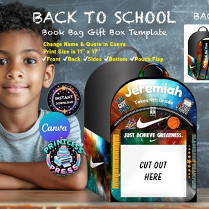 Book Bag Gift Box Template for Boys | Change Name & Quote In Canva |  Designer Back Pack Gift Box | Back to School Canva Template