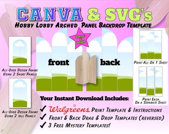 Hobby Lobby Wood Arched Panel Backdrop Stand Template for Canva + Mockup | Drag & Drop Frames | Front and Back Included | Backdrop Template