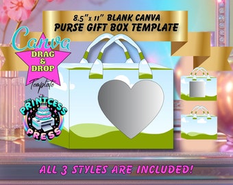 Heart Purse Gift Bag Template for Canva Size 8.5 x 11 | Square & Heart Shaped Window Gift Box Template Included | Picture Purse Template