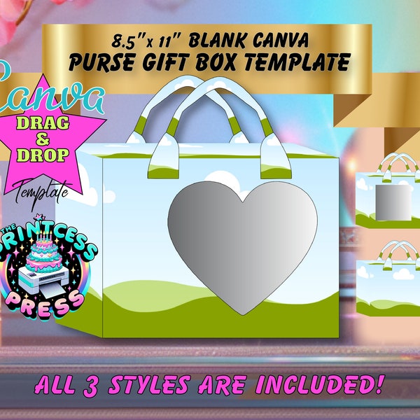 Purse Gift Bag Template for Canva Size 8.5 x 11 | Square & Heart Shaped Window Gift Box Template Included | Easy Drag + Drop Design