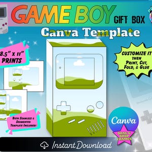 May include: A digital illustration of a Game Boy gift box template. The design features a green and white Game Boy outline with the text "GAME BOY GIFT BOX Canva Template". Includes instructions to customize, print, cut, fold, and glue. The template is for A4 prints (21.0 x 29.7cm).