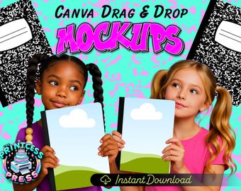 Two Composition Notebook Mockups | Little Girls With Ponytails Composition Notebook Mockup | Composition Book Drag & Drop Canva Mockup