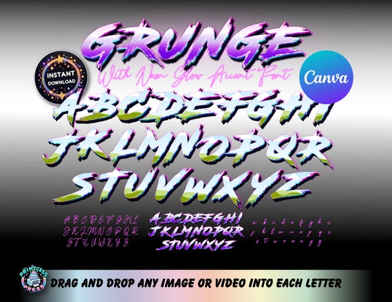 Grunge Font Canva Frames | Bootleg Tshirt Font | Easy Drag and Drop Canva Template + Neon Glow Accent Font