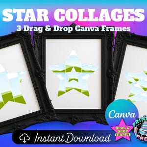 Cadres toile collage étoiles, lot de 3 | Cadre photo étoile imprimable par glisser-déposer | DIY en forme d'étoile | Cadre photo étoilé