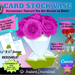 Paper Vase Template in Canva | DIY Standing Vase Template | Drag & Drop Flower Bouquet Template | Card Stock | Florero con ramo de flores