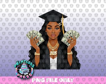 Black Girl Graduate Holding Money PNG Grad Clip Art | Class of 2025 Digital Image for DTF| 2025 Grad Clip Art | Graduation T-Shirt Image