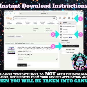 May include: Screenshot of an Etsy purchase confirmation page showing a download button for a Jersey Font SVG Canva Frame. The image includes instructions to download the file directly from your device's application and not open the download in Canva.