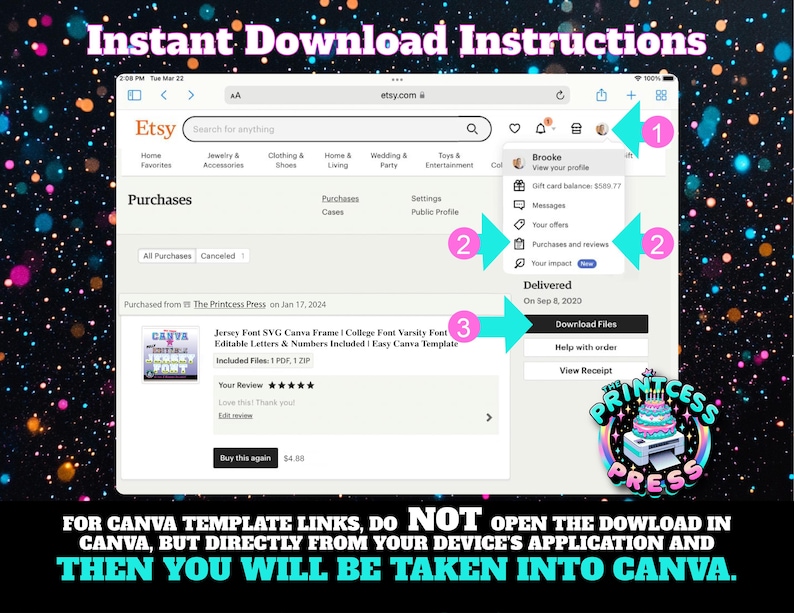 May include: Screenshot of an Etsy purchase confirmation page showing a download button for a Jersey Font SVG Canva Frame. The image includes instructions to download the file directly from your device's application and not open the download in Canva.