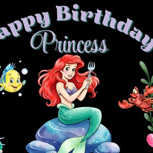 May include: A graphic illustration on a black background featuring the text Happy Birthday Princess in purple letters. A red-haired mermaid sits on a blue rock holding a fork, accompanied by a yellow fish, a red crab, and green seaweed.