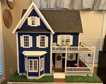 Victoria’s Farmhouse Pre-built Dollhouse, Hand painted, Hand made, Custom, Ready for play, Fully Furnished, Blue & White, Wrap around porch