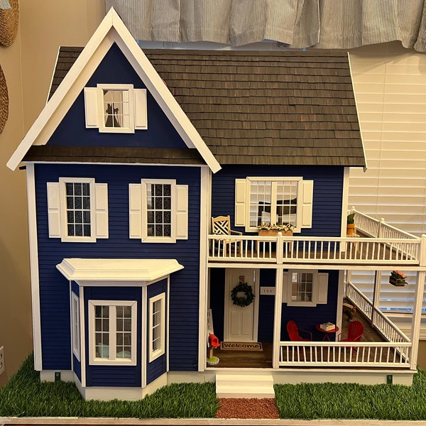 Victoria’s Farmhouse Pre-built Dollhouse, Hand painted, Hand made, Custom, Ready for play, Fully Furnished, Blue & White, Wrap around porch