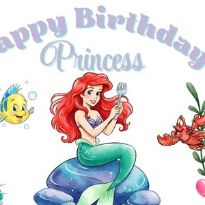 May include: A digital illustration featuring a red-haired mermaid sitting on a blue rock, holding a silver fork. Beside her are a yellow fish and a red crab, surrounded by green seaweed and pink coral. The text Happy Birthday Princess is at the top.