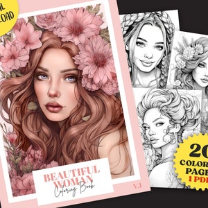 20 Pretty Lady Beautiful Women, Hair, Flowers Coloring Page Book, Adults + kids Instant Download- Grayscale Coloring - Gift Printable PDF