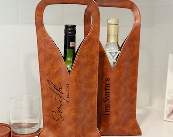 Leather engraved wine tote bag, Wine caddy, Personalized wine tote, Gifts for wine lovers, Housewarming Gift, Corporate Gifts, Wedding Gift