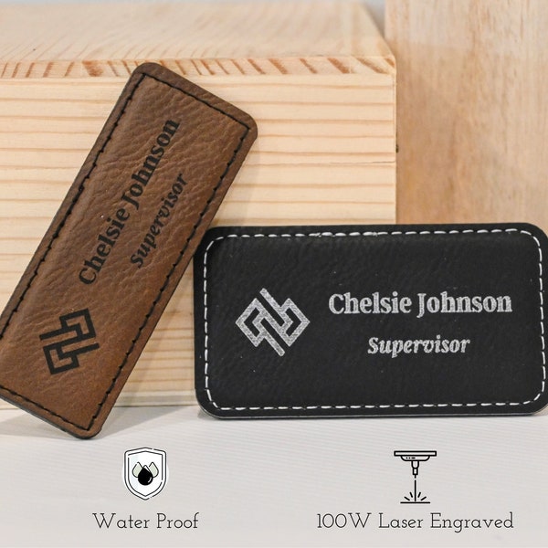 Custom name badge with logo, Leather name tags for work, Custom name tag engraved with Logo, Employee name tag engraved with laser.