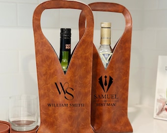 May include: Two brown leather wine bottle gift bags with personalized text. The bag on the left says "WS William Smith" and the bag on the right says "Samuel Best Man".