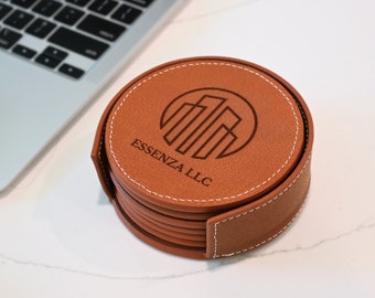 Custom Leather Coasters with Holder, Corporate Gifts with Logo, Bulk Corporate Gifts, Corporate Gifts for Clients, Custom Logo Coasters