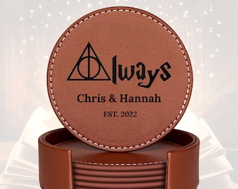 Posavasos de cuero personalizados, posavasos con soporte, posavasos de cuero personalizados, regalo de boda, regalo de inauguración de la casa, regalos de cerámica de harry