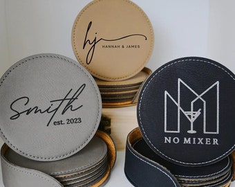 6 Leather Coaster Set, Coasters With Holder, Home Decor, Anniversary gifts, Housewarming Gift, Wedding Gifts, Corporate Gifts with Logo