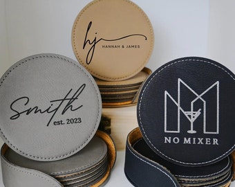 Juego de 6 posavasos de cuero con soporte para decoración del hogar, regalos de aniversario, regalos de inauguración de la casa, regalos de boda y regalos corporativos con logotipo.