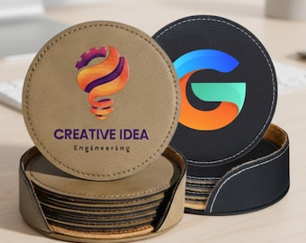 Full Color Logo Leather Coasters with Holder – Set of 6 | Corporate Gifts with Logo, Gifts for Clients, Corporate Swag, Business Coasters
