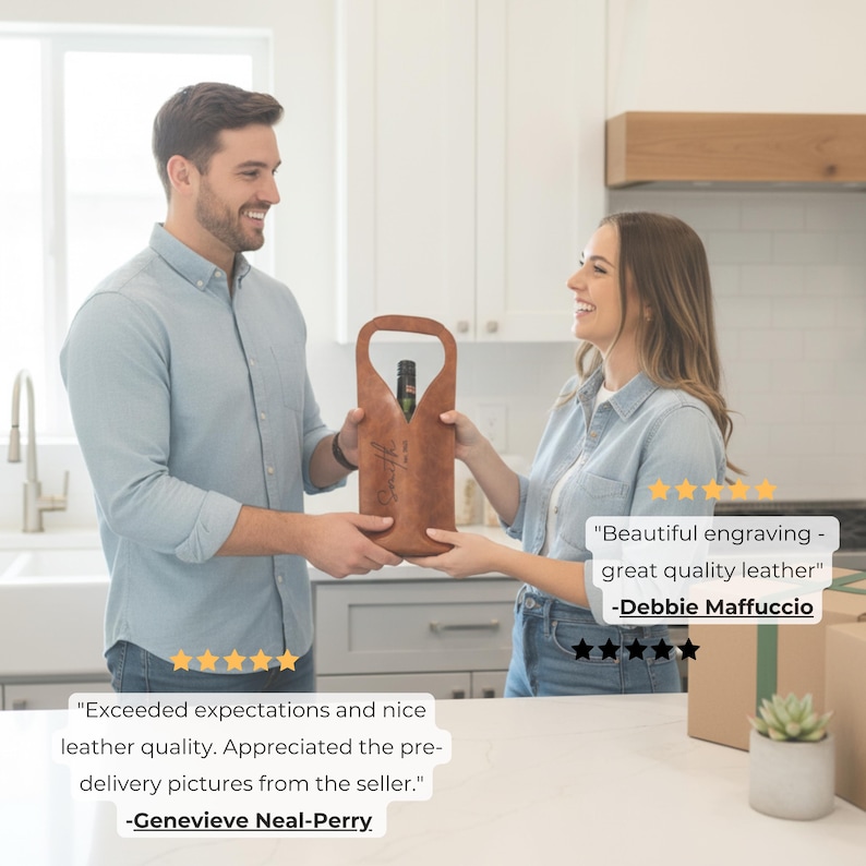 A smiling couple in a bright modern kitchen exchanging a personalized leather wine tote gift – custom engraved anniversary present for couples, weddings, or housewarming