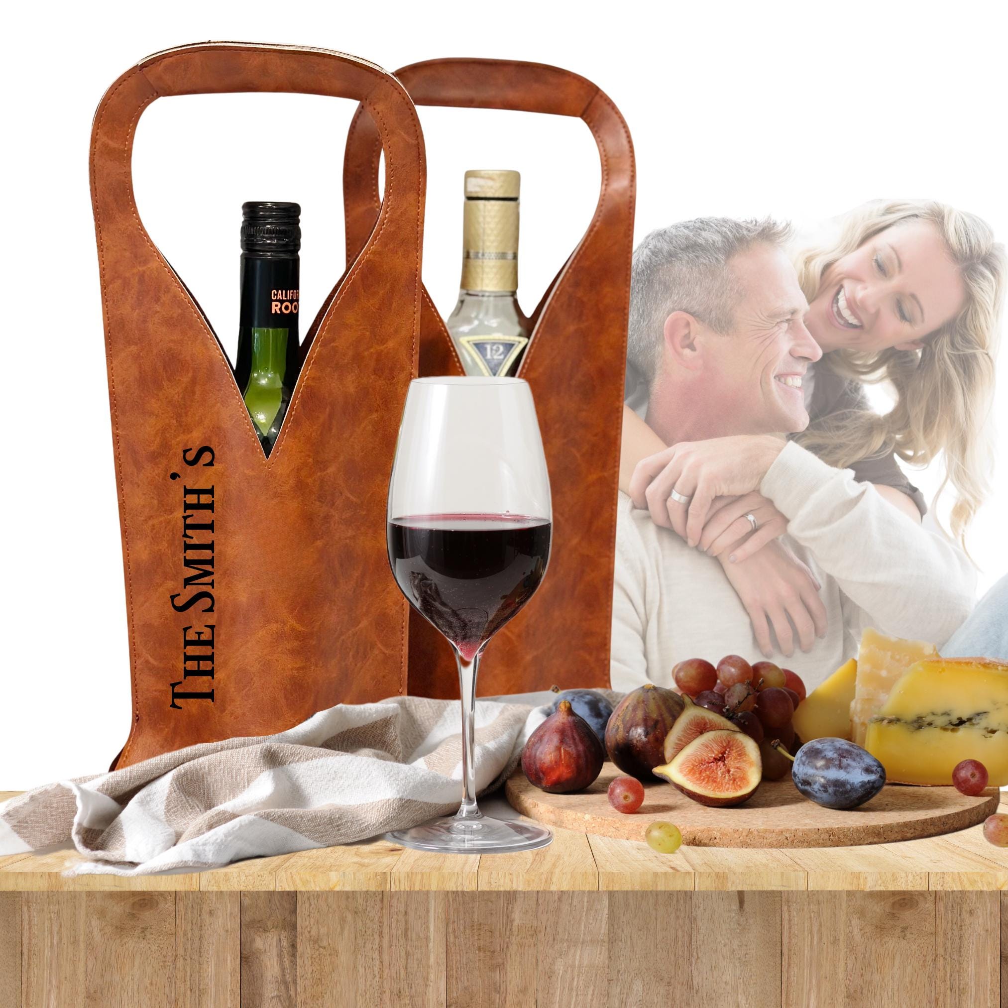 Discover Leather engraved wine tote bag, Wine caddy, Personalized wine tote