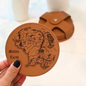Set of 6 Lord of the Rings Coasters, Custom Engraved Lord of The Rings Map Leather Coasters with Snap Closure Holder, LOTR Gift