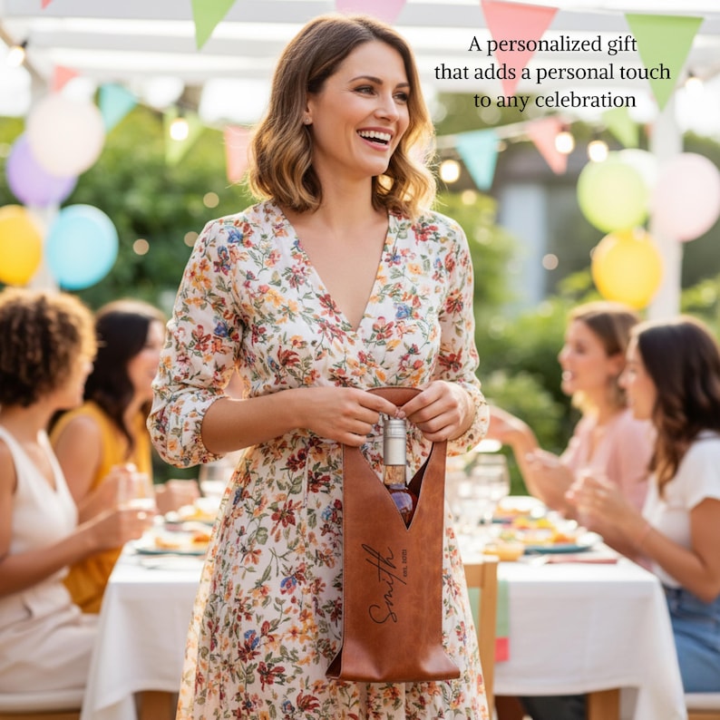 Woman at an outdoor party holding a personalized leather wine tote bag with engraved text, a unique gift idea for birthdays, weddings, anniversaries, and celebrations