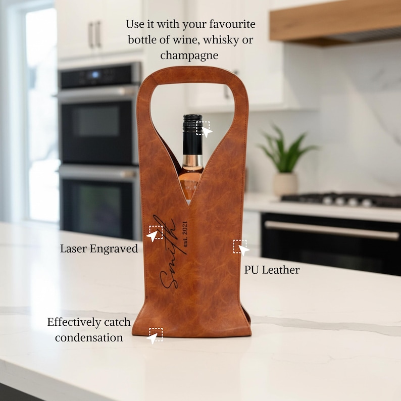 Personalized leather wine tote bag, laser engraved with custom text, made from durable PU leather. Fits wine, whisky, or champagne bottles and effectively catches condensation – unique gift for anniversaries, weddings, and housewarmings