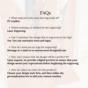 Puede incluir: Preguntas frecuentes sobre una bolsa de transporte para vino hecha de cuero PU. La bolsa se puede personalizar con texto y logotipos. Una vista previa digital est&aacute; disponible a pedido. El cliente puede enviar su logotipo a essenza.store.llc@gmail.com para el grabado.