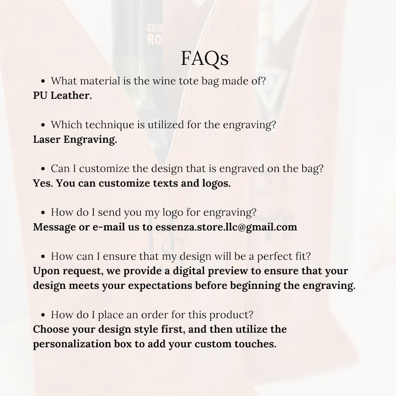 Puede incluir: Preguntas frecuentes sobre una bolsa de transporte para vino hecha de cuero PU. La bolsa se puede personalizar con texto y logotipos. Una vista previa digital est&aacute; disponible a pedido. El cliente puede enviar su logotipo a essenza.store.llc@gmail.com para el grabado.