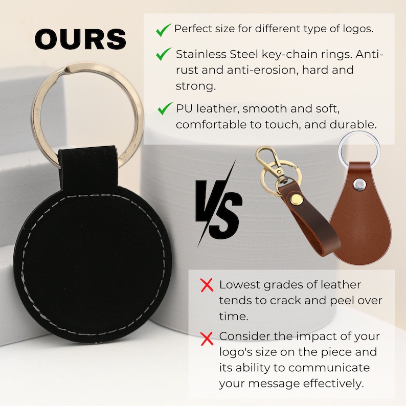 Personalized Leather Keychain with logo: perfect size for different types of logos, stainless steel keychain ring, PU leather, smooth and durable.