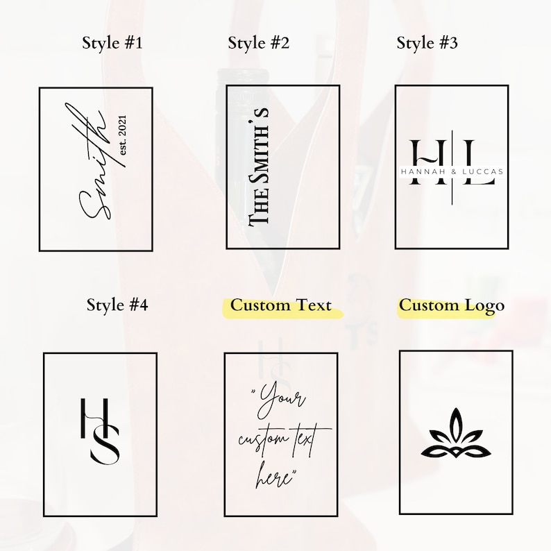 Puede incluir: Una plantilla de dise&ntilde;o gr&aacute;fico para un logotipo o un monograma. La imagen muestra 10 estilos de logotipos diferentes, incluyendo una escritura a mano, una fuente de bloque, un monograma con iniciales y una opci&oacute;n de texto personalizado. El texto de la imagen dice "Smith est. 2021", "THE SMITH'S", "HANNAH & LUCCAS", "HS" y "Tu texto personalizado aqu&iacute;".