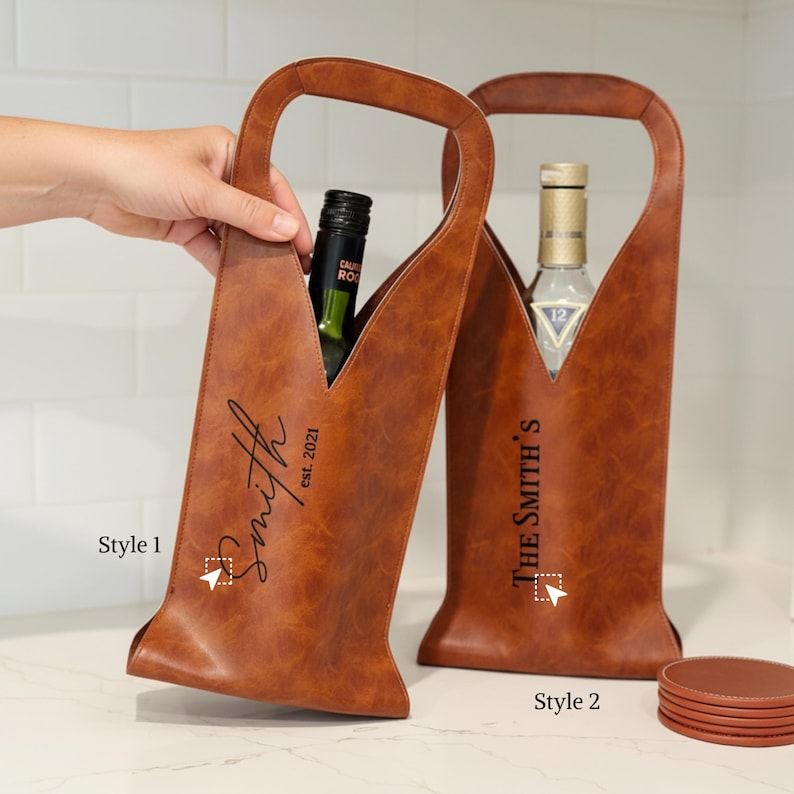 Personalized leather wine carrier with engraved family name and custom text, perfect wedding gift, anniversary gift, or housewarming present.