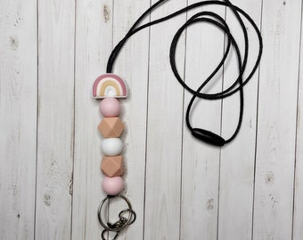 Peach Boho Rainbow Lanyard | Teacher Lanyard | Silicone Beads | Silicone Lanyard | Keychain