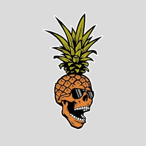 May include: A cartoon skull wearing sunglasses with a pineapple on top. The pineapple is yellow and green with a brown stem.