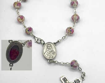 Saint Therese Rosary with Rose Centerpiece and Rose Glass Beads