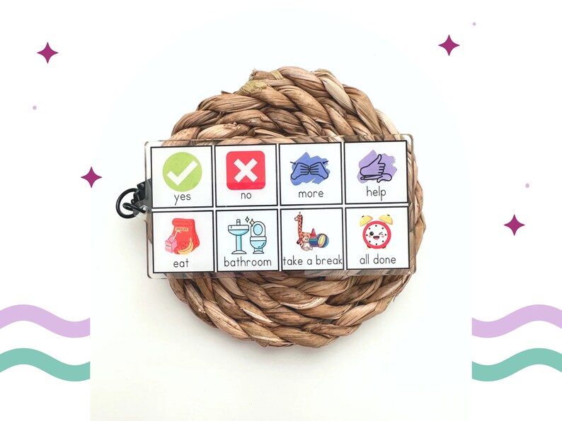 May include: A clear plastic keychain with eight illustrated cards. The cards feature simple images and words like "yes," "no," "eat," and "bathroom." The keychain is on a woven, circular surface.