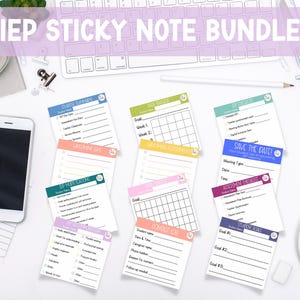 May include: A collection of colorful sticky notes with text, including "IEP Sticky Note Bundle," "Student Information," and "Assessment Checklist." The notes are arranged on a white desk with a smartphone, keyboard, and coffee cup.