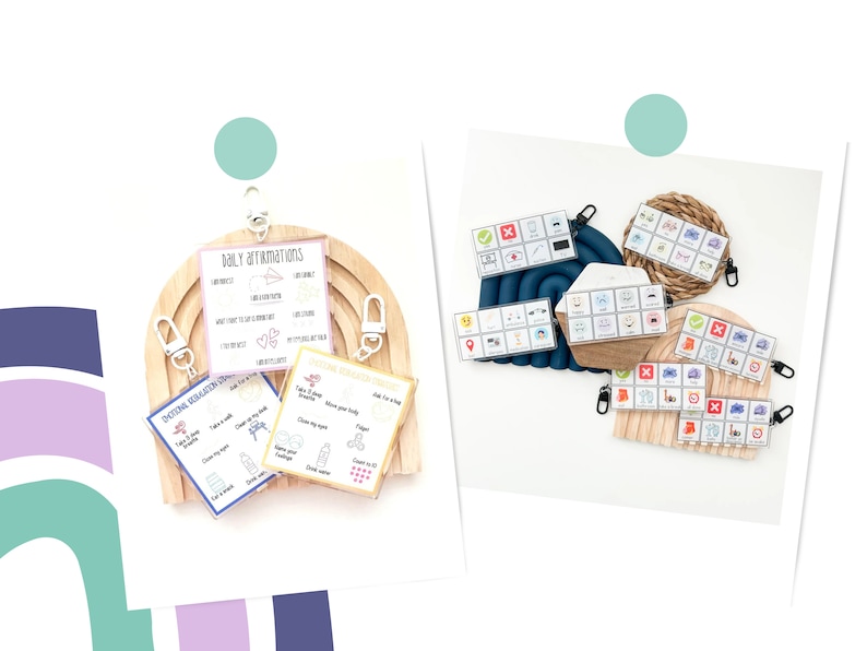 May include: Wooden rainbow-shaped keychains with attached cards. The cards feature text and icons related to emotional regulation and daily affirmations. Some cards are displayed on a blue macrame and a woven coaster.