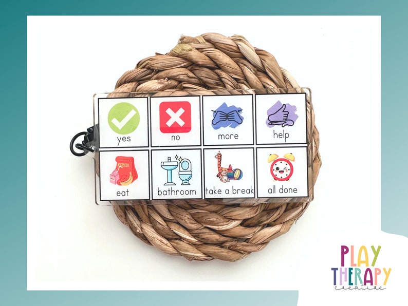 May include: A clear acrylic communication board with eight illustrated cards. The cards feature images and text such as "yes," "no," "eat," and "bathroom." The board is attached to a woven basket.