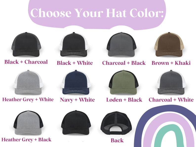 Może przedstawiać: Obraz przedstawiający r&oacute;żnorodne czapki typu trucker w r&oacute;żnych kombinacjach kolorystycznych. U g&oacute;ry widnieje napis "Choose Your Hat Color". Opcje kolorystyczne obejmują czerń, węgiel drzewny, biel, brąz, khaki, granat i szary melanż.