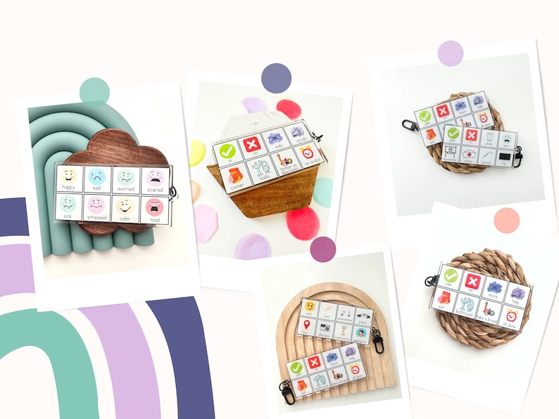 May include: A collection of communication tools featuring various emotions and actions. Each tool displays a series of illustrated cards with labels like "happy," "sad," and "eat." The tools are attached to keychains, and are designed for visual communication.