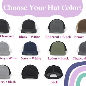 Peut inclure: Une s&eacute;lection de dix combinaisons de couleurs diff&eacute;rentes pour une casquette de camionneur. Les casquettes sont pr&eacute;sent&eacute;es de face et de dos. Le texte "Choose Your Hat Color" est en haut de l'image. Les combinaisons de couleurs sont&nbsp;: Noir + Charbon, Noir + Blanc, Charbon + Noir, Marron + Kaki, Gris chin&eacute; + Blanc, Marine + Blanc, Loden + Noir, Charbon + Blanc, Gris chin&eacute; + Noir et Dos.