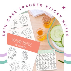 May include: A set of printable stickers for a skin care routine tracker. The stickers feature illustrations of skincare products, including a cleanser, toner, moisturizer, and exfoliator. The stickers are designed to be used with a planner or journal to track your skincare routine.