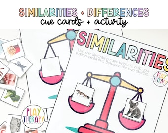 May include: Educational activity set with the text "SIMILARITIES + DIFFERENCES cue cards + activity". The set includes cue cards and a worksheet with a scale graphic. The worksheet has the word "SIMILARITIES" in large letters.