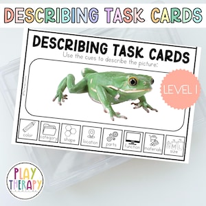 May include: Describing Task Cards educational resource. The card features a green frog illustration with prompts for describing the picture, including color, shape, and size. The text "Level 1" is also visible.