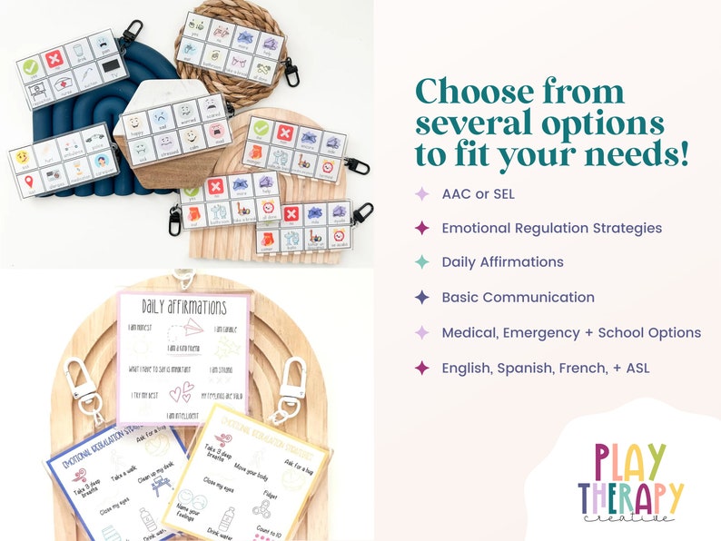 May include: A collection of communication and emotional regulation tools. The image shows several sets of cards with icons and text, including "Daily Affirmations" and "Emotional Regulation Strategies." The text "Choose from several options to fit your needs!" is also visible.